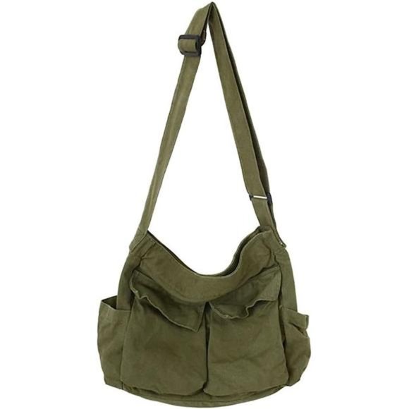 Canvas Messenger Bag Large Hobo Crossbody Bag Green - Picture 1 of 6